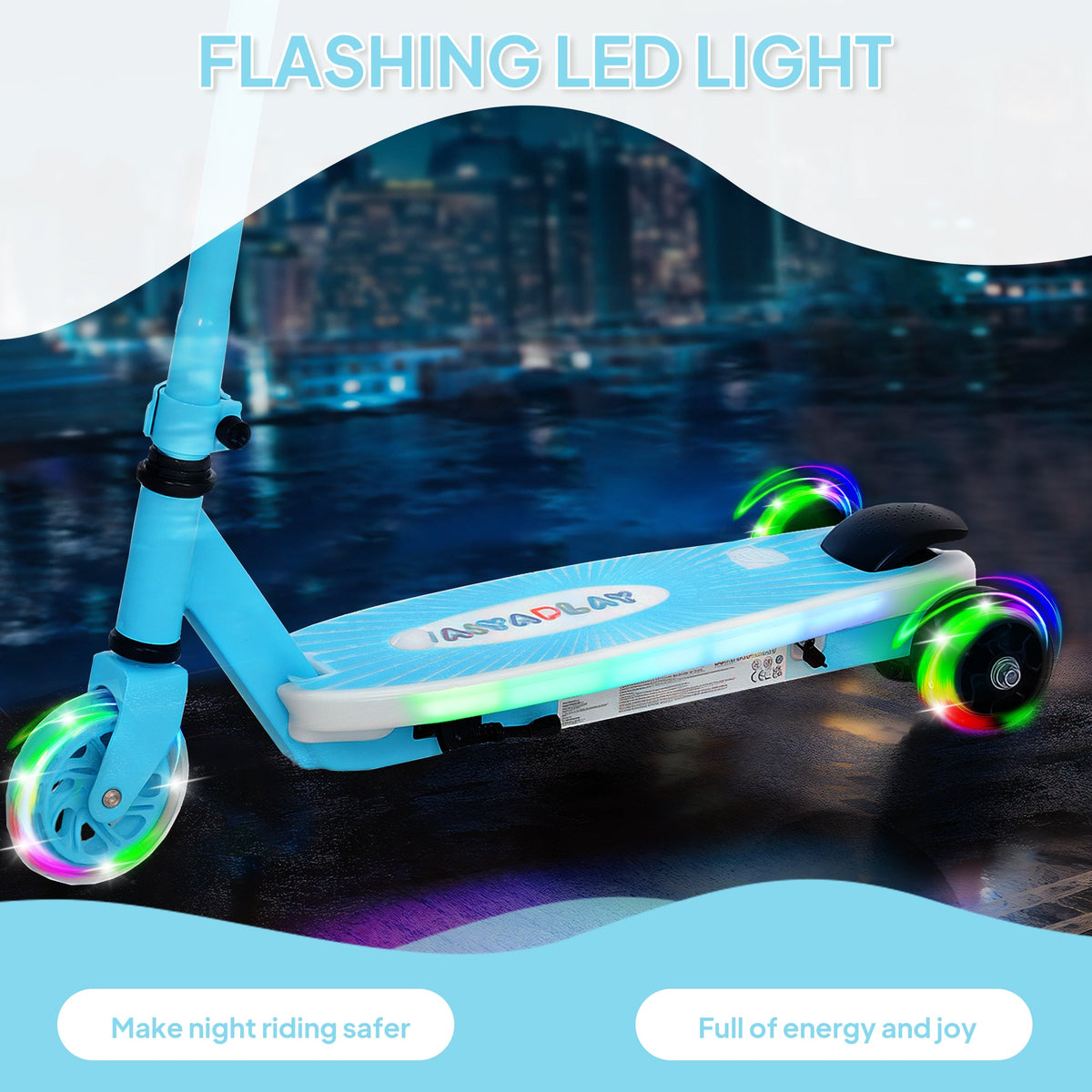 Blue kids electric scooter with flashing LED wheels and front foot deck