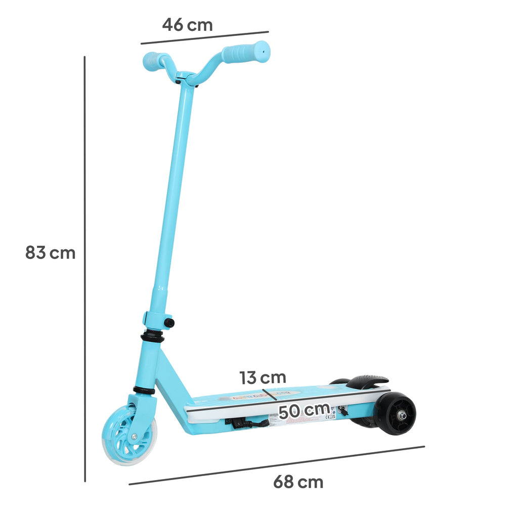 Light blue kids electric scooter with dimensions diagram