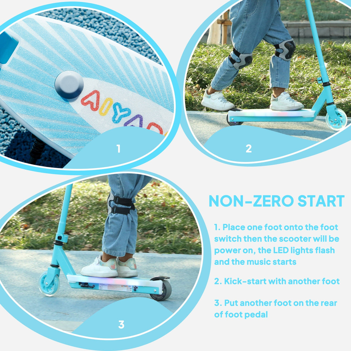 Blue kids electric scooter deck with non-slip foot platform and rear kick area