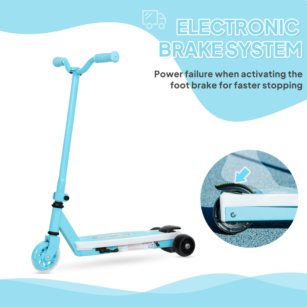 Blue kids electric scooter with electronic brake near foot pedal and rear wheel