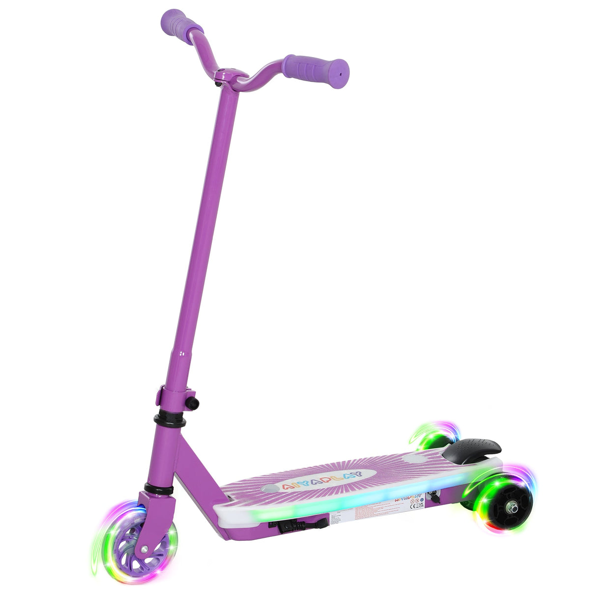 Purple electric kids scooter with front wheel and black deck foot controls