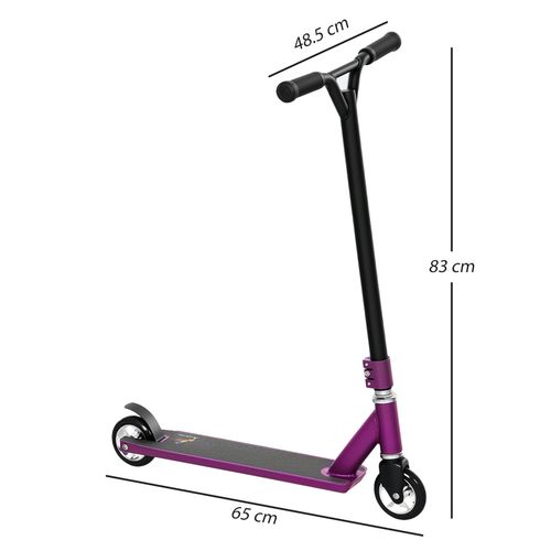 Purple stunt scooter with black handlebar and deck, shown with size measurements