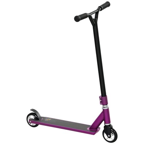 Purple stunt scooter with black frame, handlebar grips, and front wheel