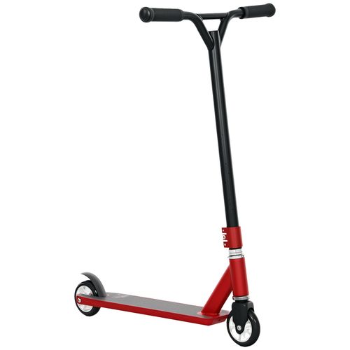 Red stunt scooter with black frame, handlebar grips, and front wheel