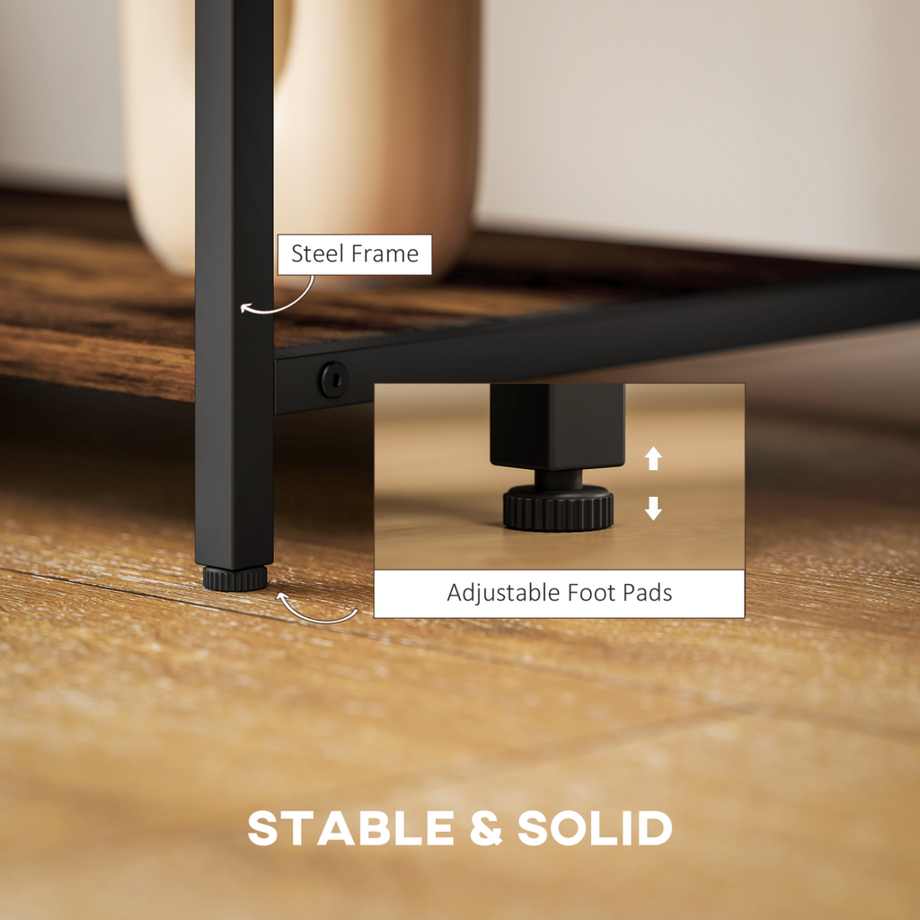Adjustable foot pads on steel-frame TV stand leg