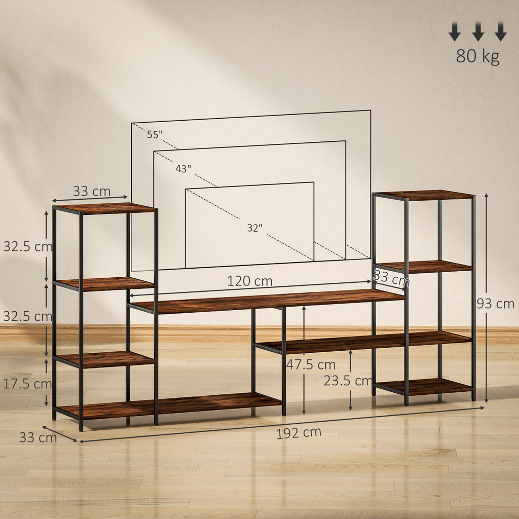 TV stand with open shelves, overall dimensions diagram on dark steel frame