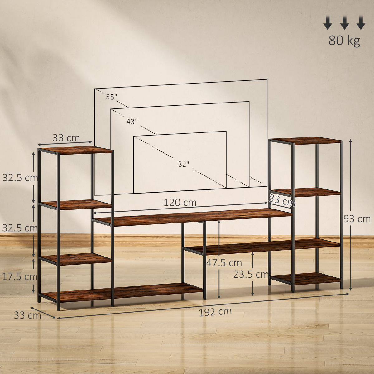 TV stand with open shelves, overall dimensions diagram on dark steel frame