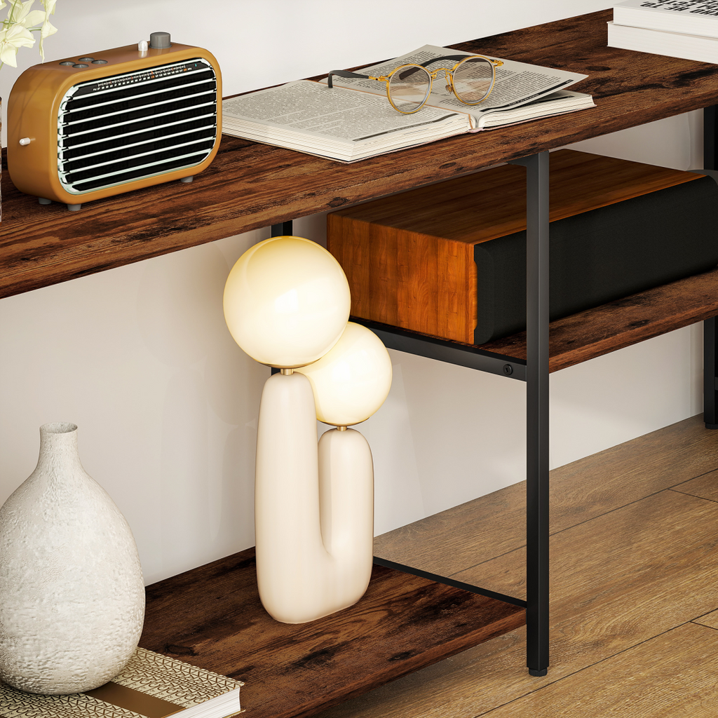 TV console side view with rustic brown top, dark steel frame, and open storage shelves