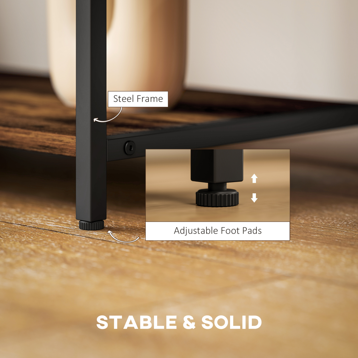 Industrial TV stand legs with adjustable foot pads, steel frame, black base