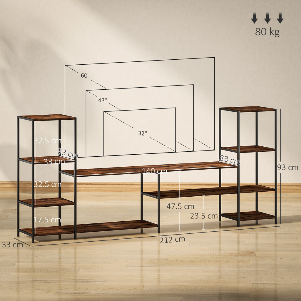 Industrial TV stand with open shelves and wood top, steel frame, for up to 60-inch TVs