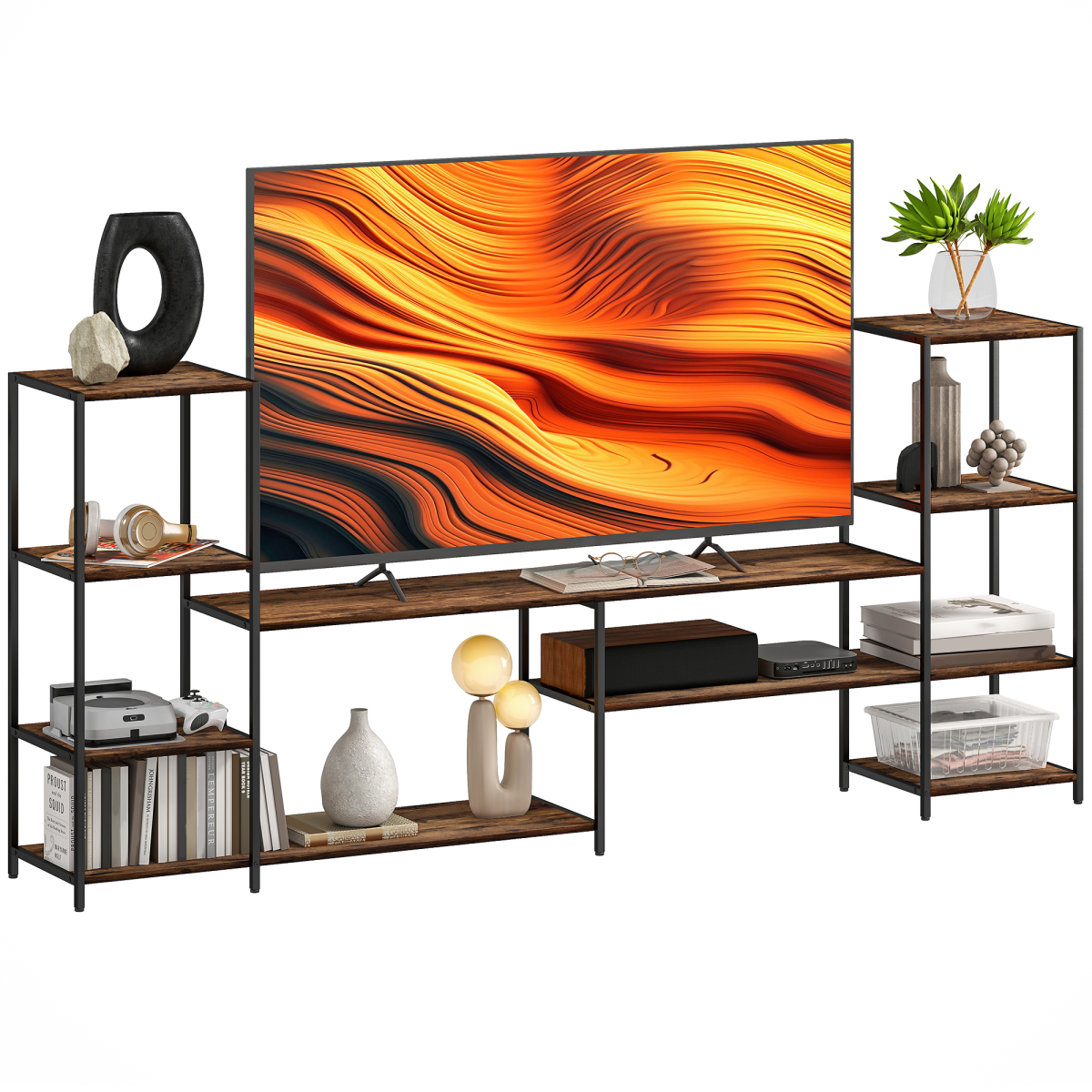 Industrial TV stand with open shelves, dark steel frame and rustic brown tabletop