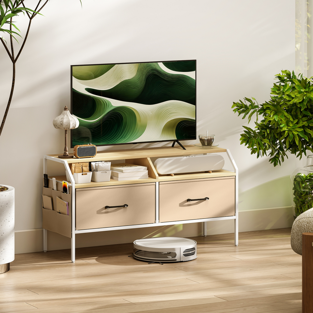 TV stand cabinet with two foldable drawers, light beige frame and wood top with open shelf