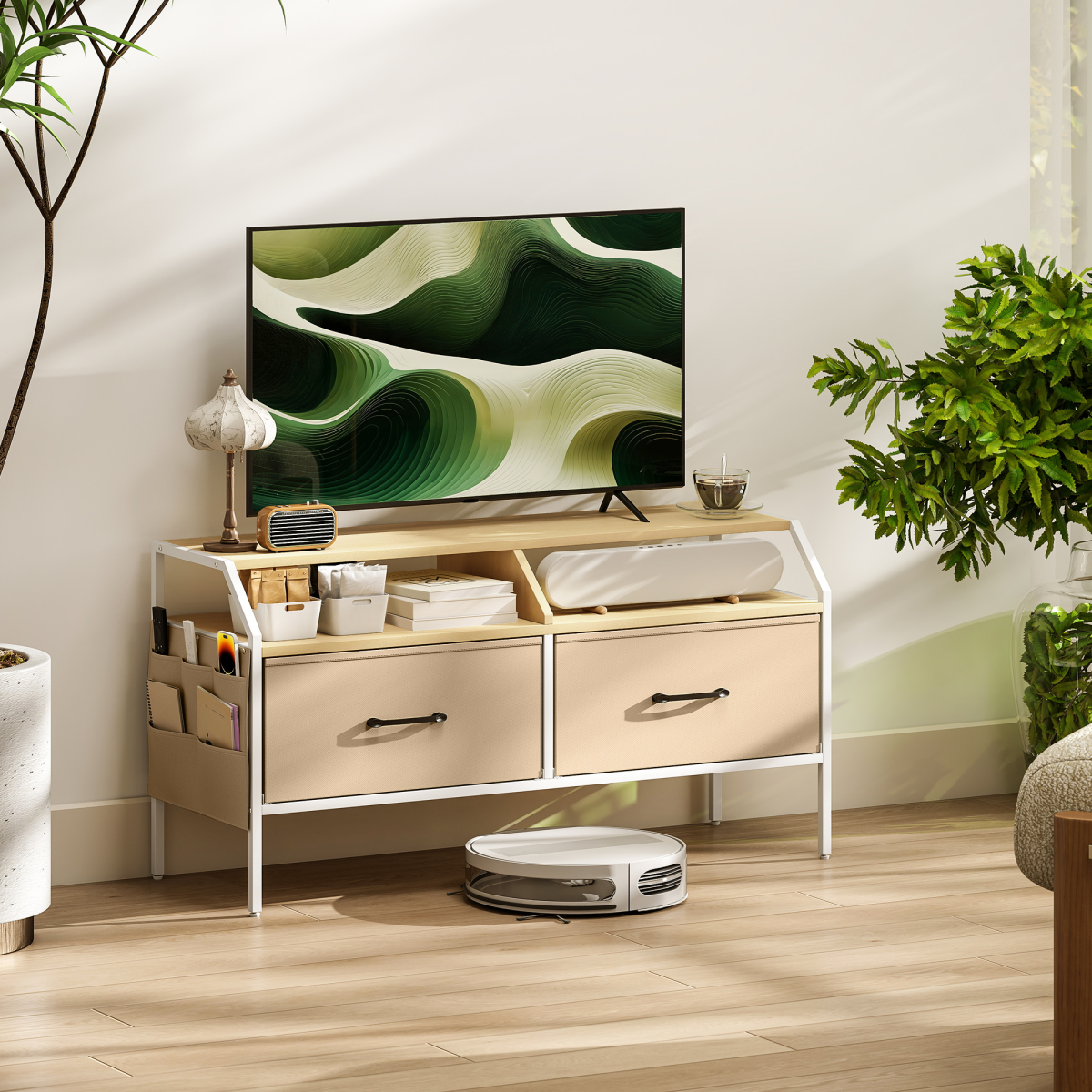 TV stand cabinet with two foldable drawers, light beige frame and wood top with open shelf