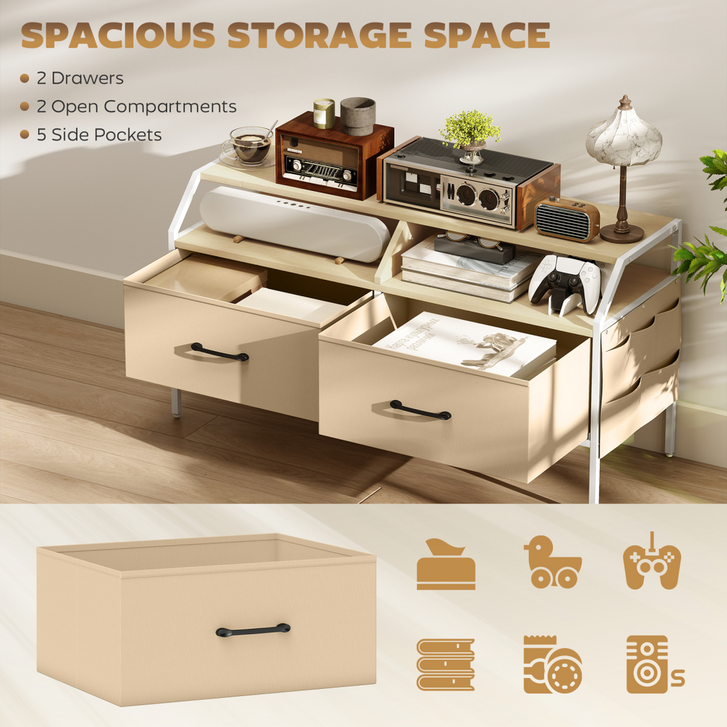TV stand cabinet with two foldable drawers, open storage shelves, wood-look top