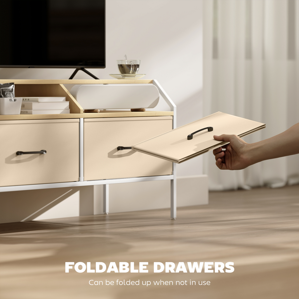 TV stand cabinet with open foldable drawer lid and two drawer fronts, metal handle