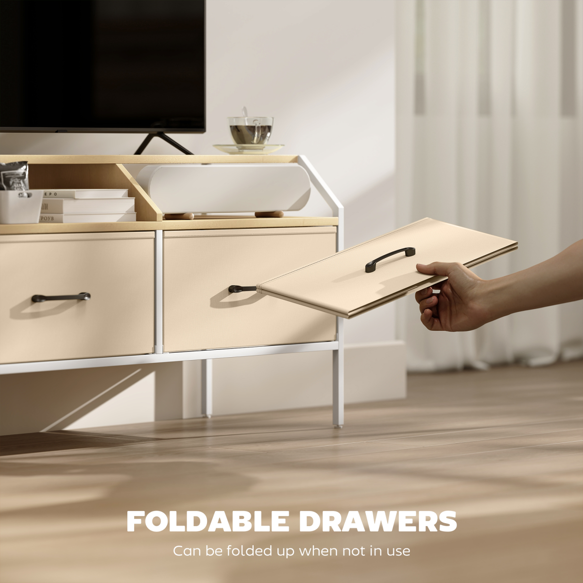 TV stand cabinet with open foldable drawer lid and two drawer fronts, metal handle