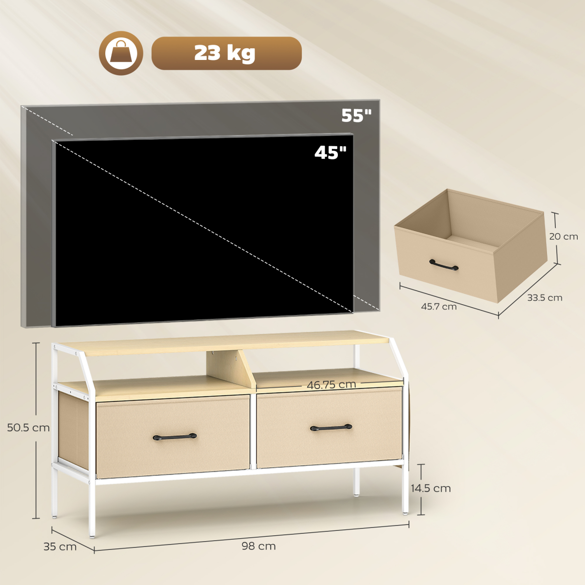 TV stand cabinet with two drawers and open compartment, white frame, wood top