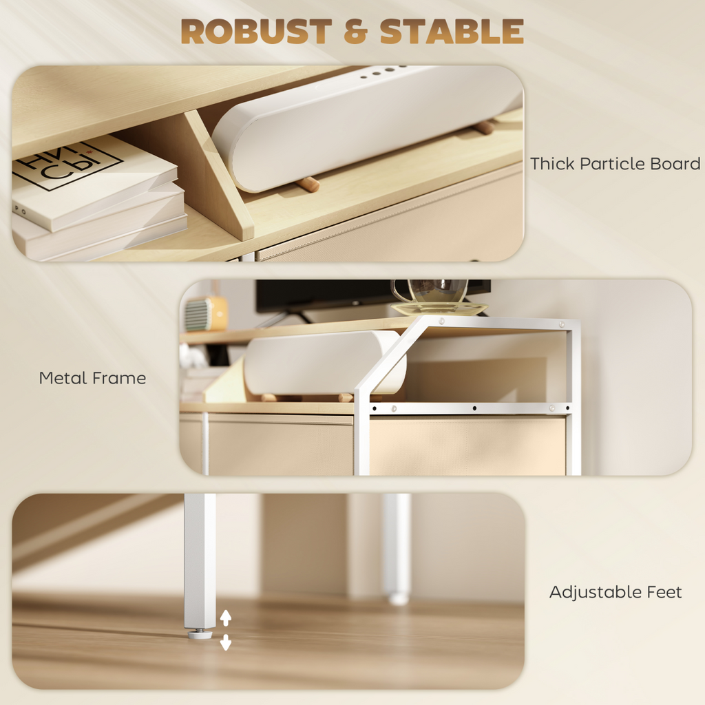 TV stand cabinet with sturdy metal frame, thick particle board, adjustable feet
