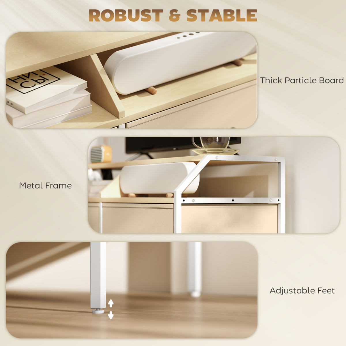 TV stand cabinet with sturdy metal frame, thick particle board, adjustable feet