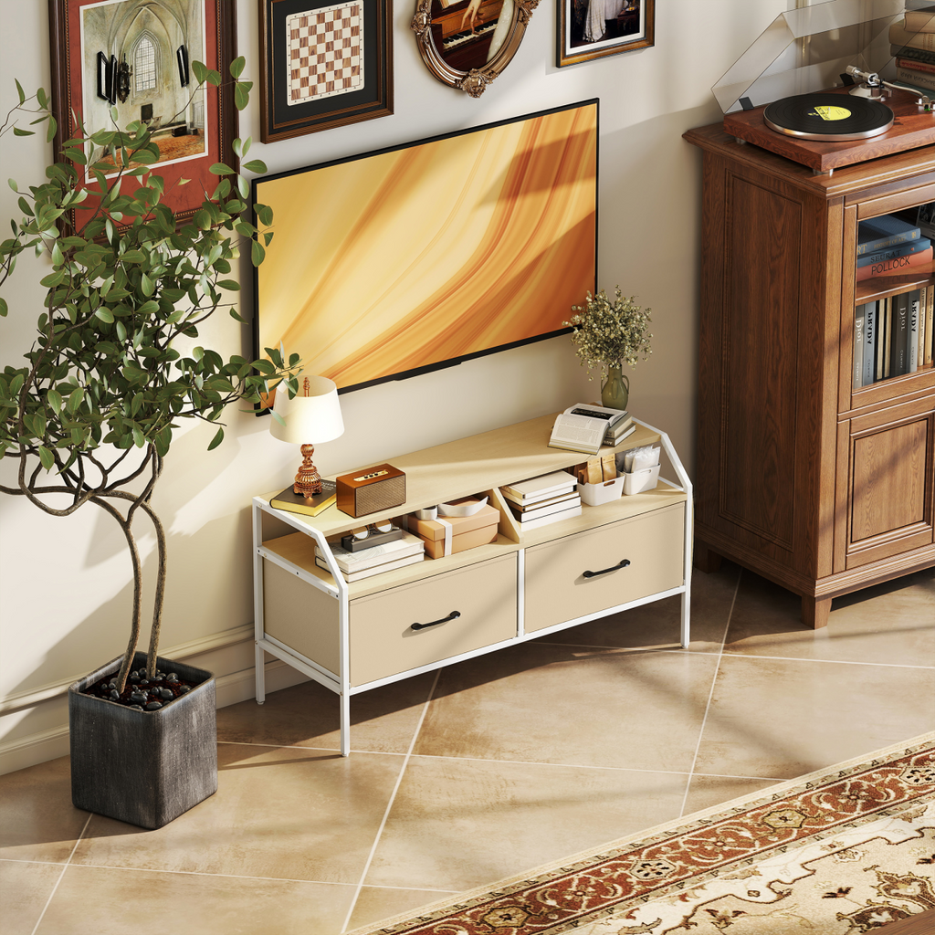 TV stand cabinet with open center shelf and two closed drawers, wood-look tabletop