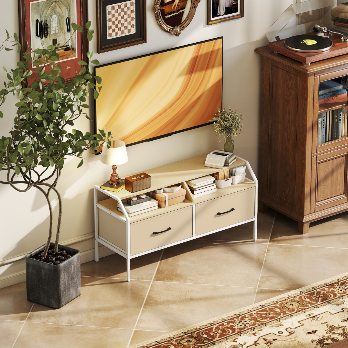 TV stand cabinet with open center shelf and two closed drawers, wood-look tabletop