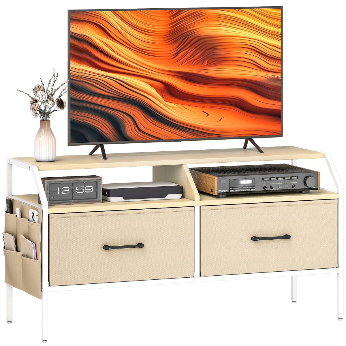 TV stand cabinet with TV shelf, two foldable drawers, light beige frame and fabric storage