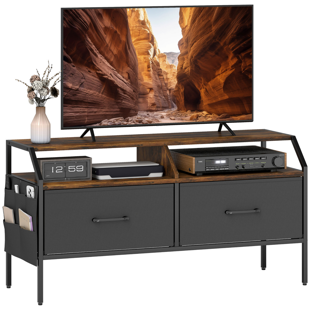 TV stand cabinet with TV shelf, two foldable drawers, dark gray panels and wood accents