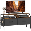 TV stand cabinet with TV shelf, two foldable drawers, dark gray panels and wood accents