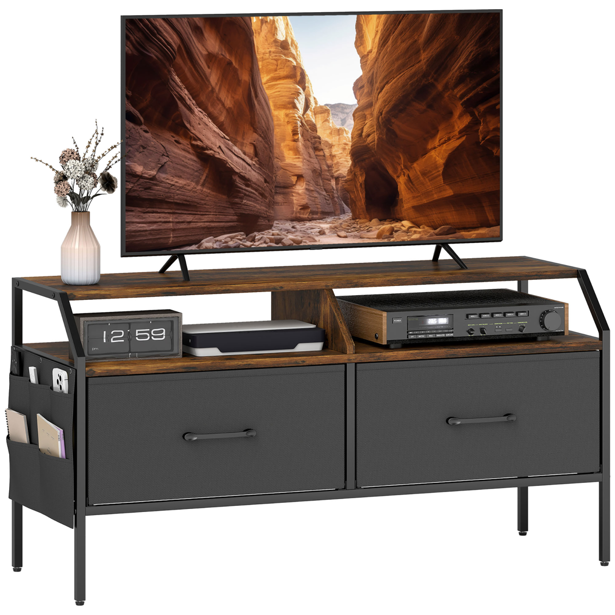 TV stand cabinet with TV shelf, two foldable drawers, dark gray panels and wood accents
