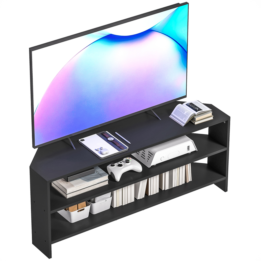 Black corner TV stand with TV support arms and open shelves for consoles and discs