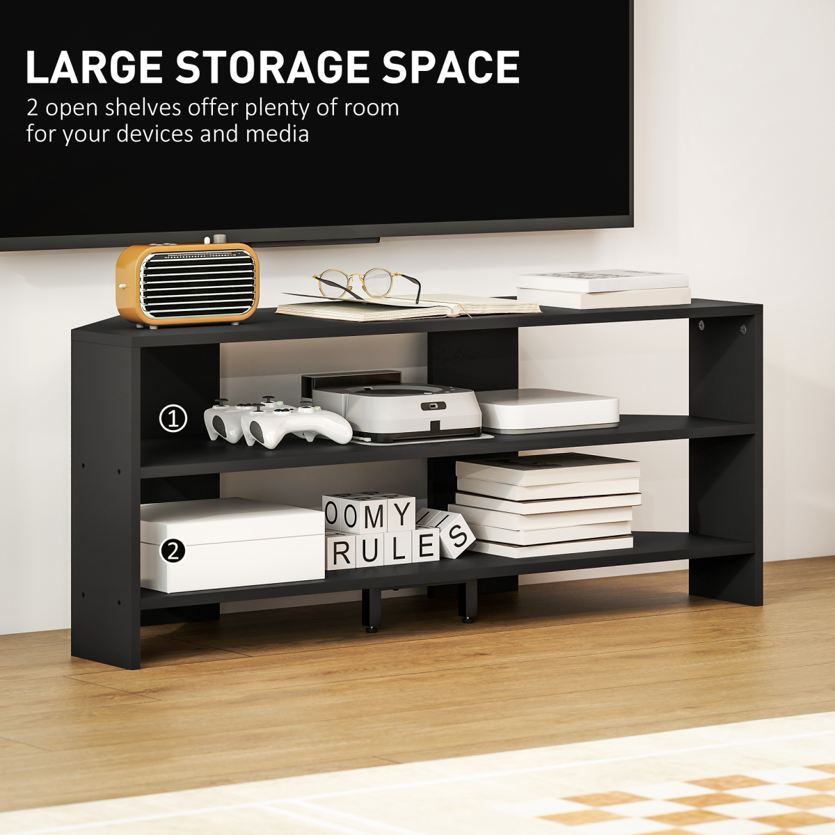 Black corner TV stand featuring open shelves and two drawers for media storage