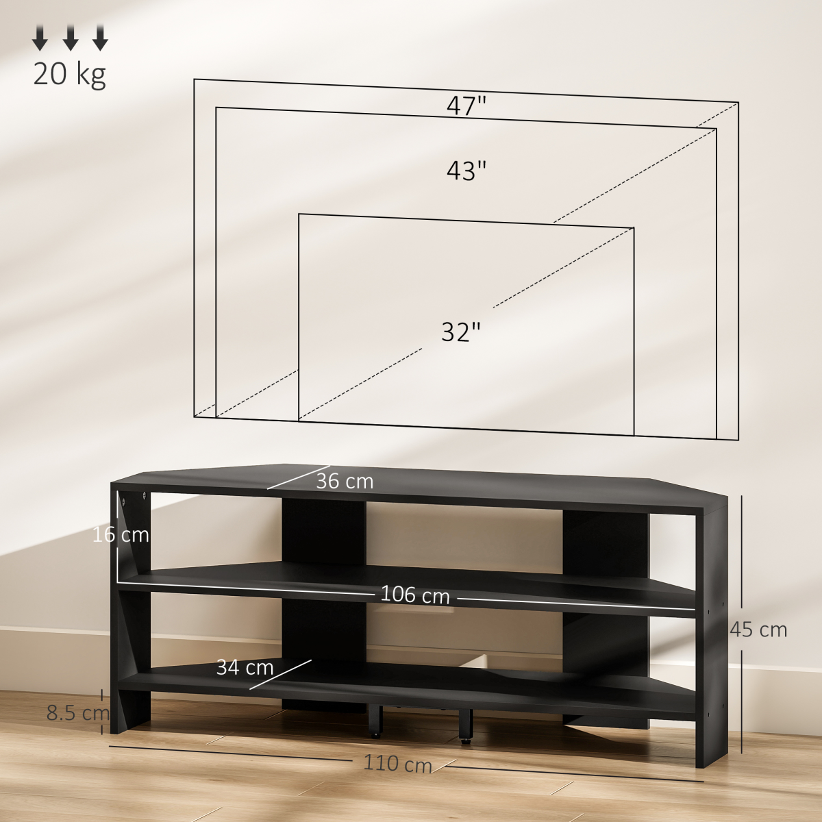 Black corner TV stand with labeled dimensions for width, height, and depth