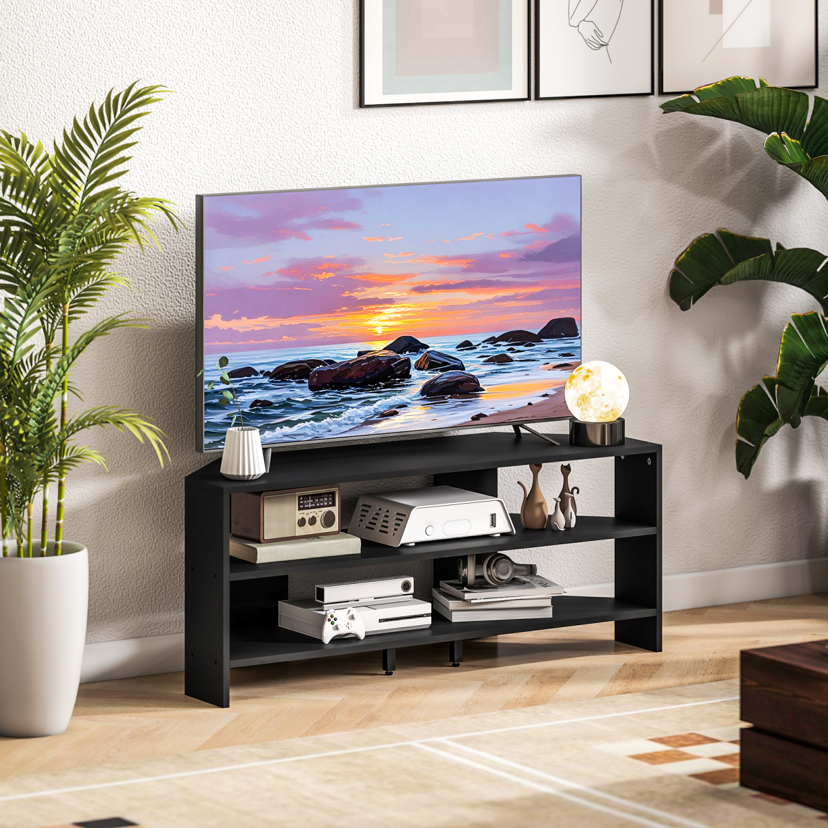 Black corner TV stand with open shelves and two drawer bins for media under TV