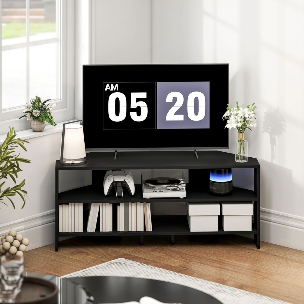 Black corner TV stand with open shelves and media storage drawers