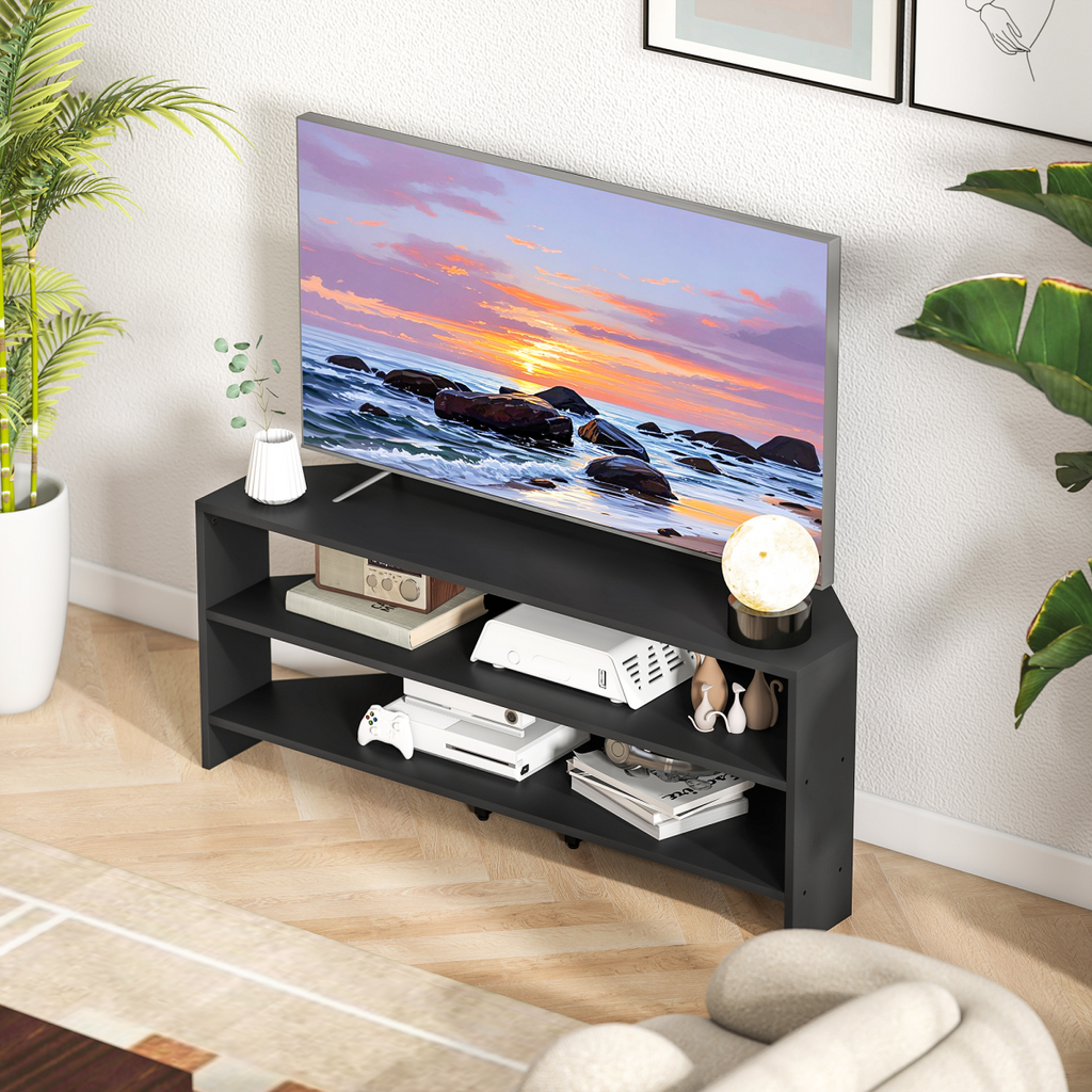 Dark corner TV stand with three open shelves and device storage