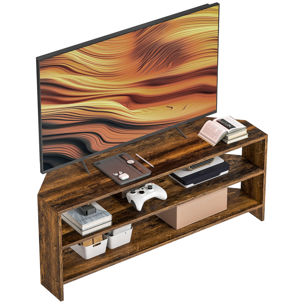 Front view of a rustic brown corner TV stand with open shelves and drawers
