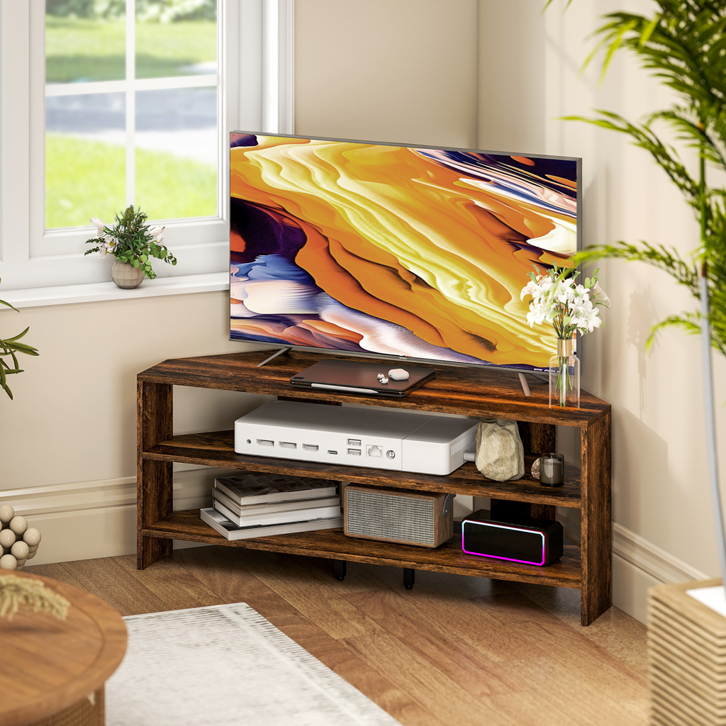Rustic brown corner TV stand with open shelves for media devices