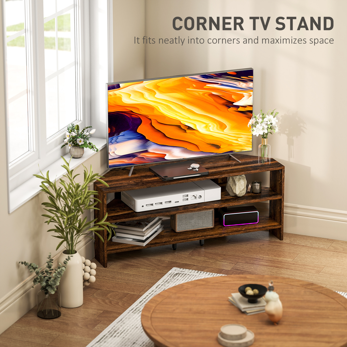 Corner TV stand in rustic brown with open shelving and drawer storage