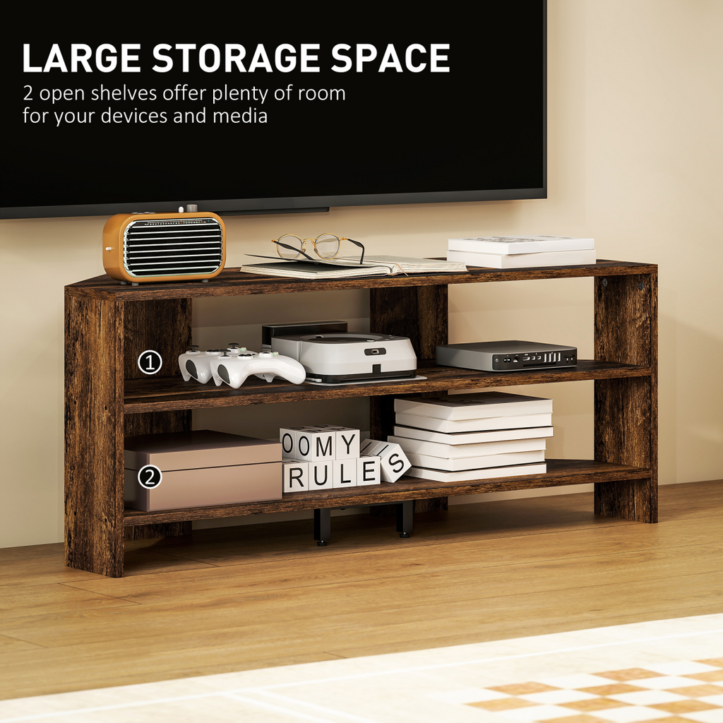 Rustic brown corner TV stand with two open shelves and center media space