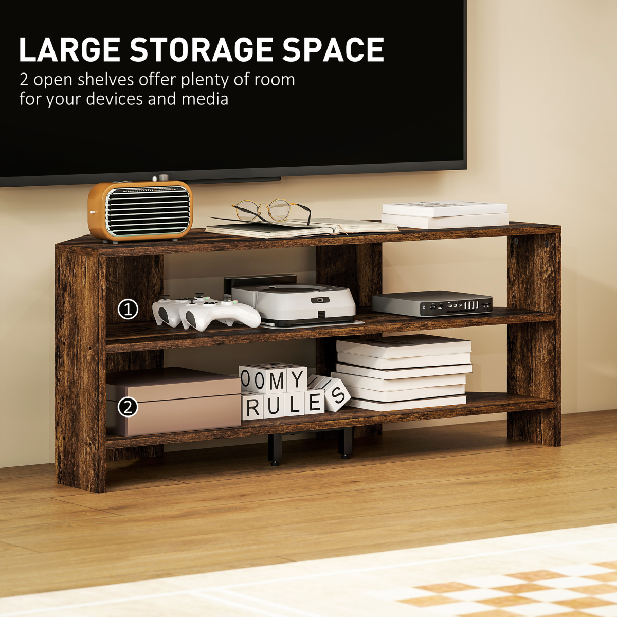 Rustic brown corner TV stand with two open shelves and center media space