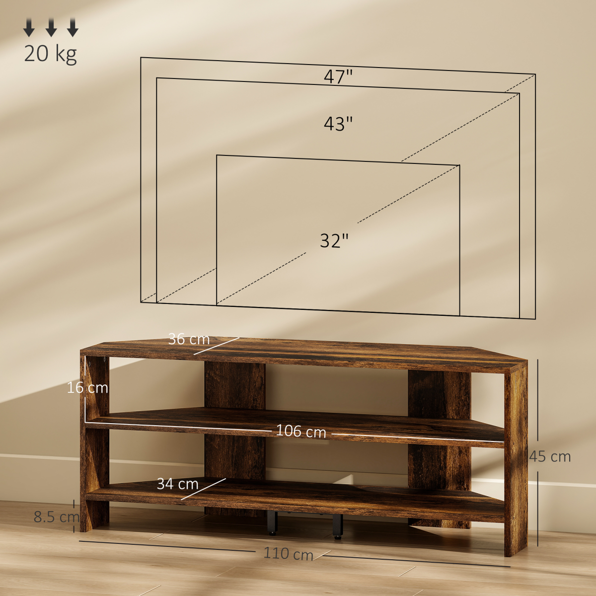 Rustic brown corner TV stand with measured dimensions and open shelves