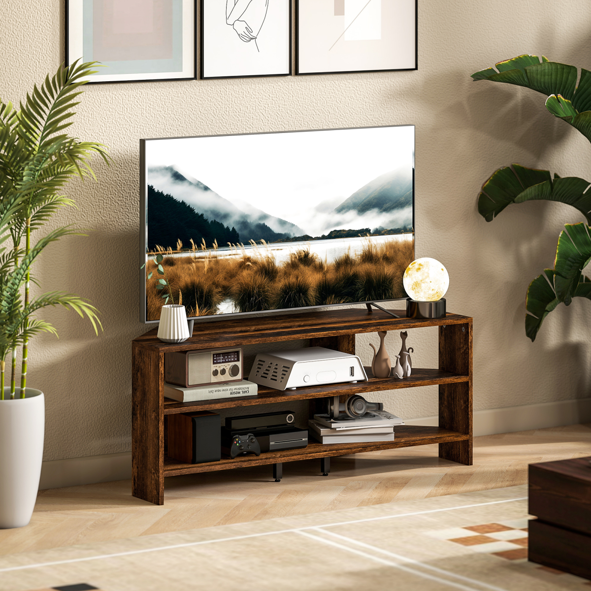 Rustic brown corner TV stand with open shelves for media and electronics