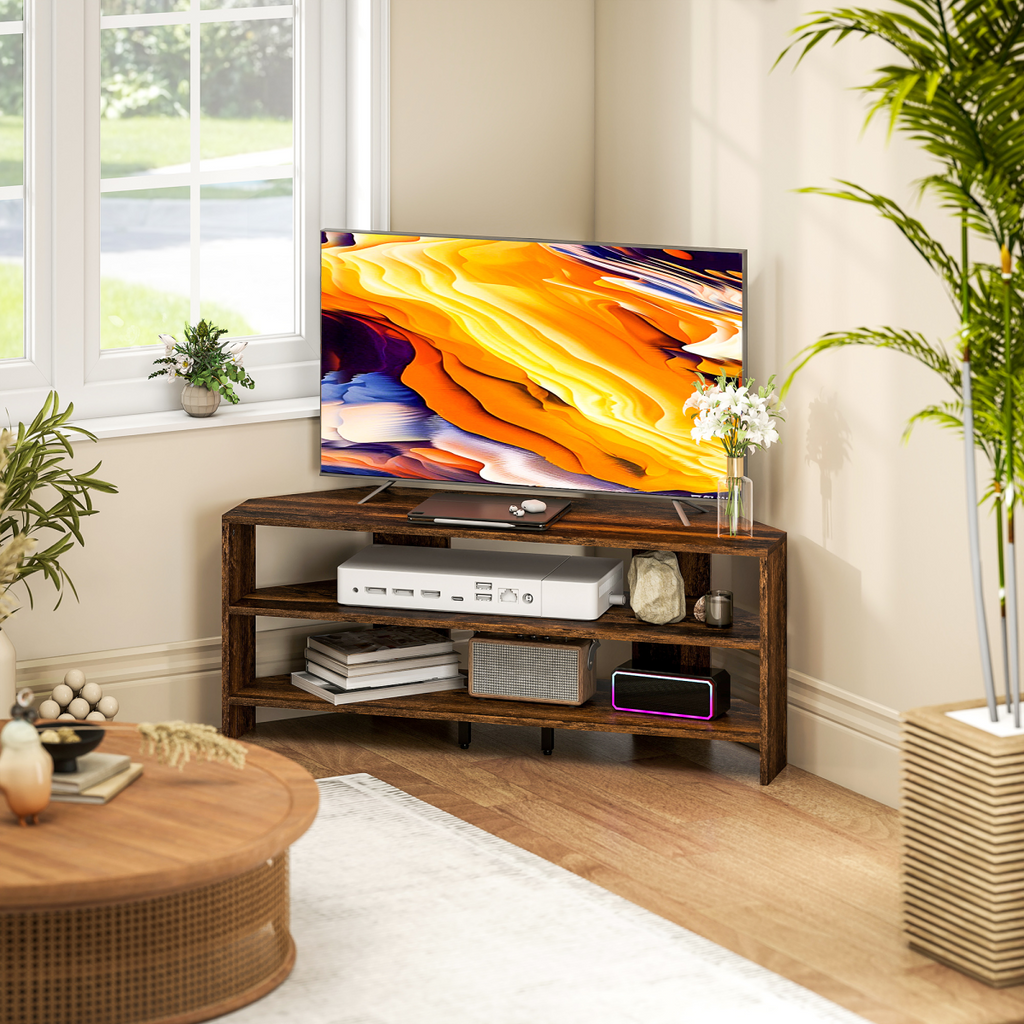 Brown corner TV stand with open shelves and media console space for 47-inch TVs