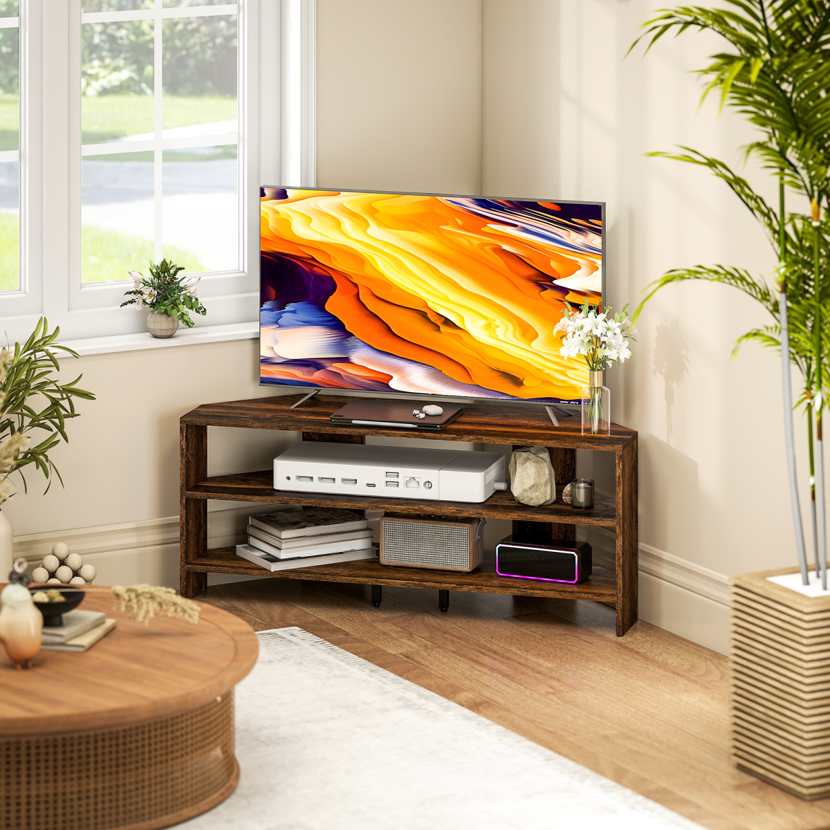 Brown corner TV stand with open shelves and media console space for 47-inch TVs