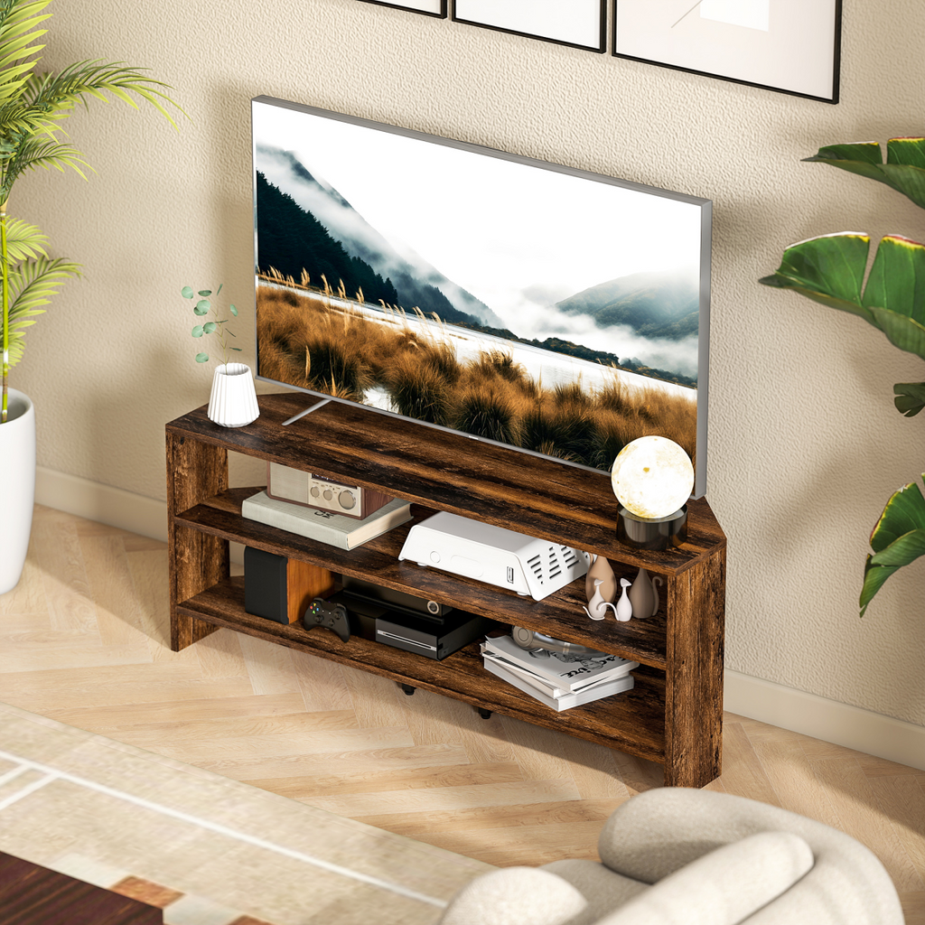 Rustic brown corner TV stand with open shelves and device storage compartments