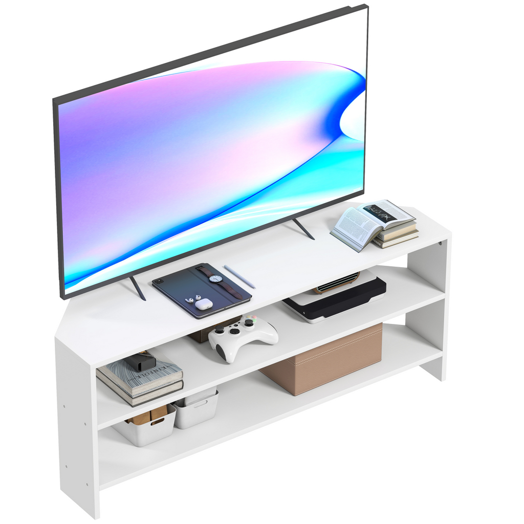White media TV stand with open shelves and front cable-free storage