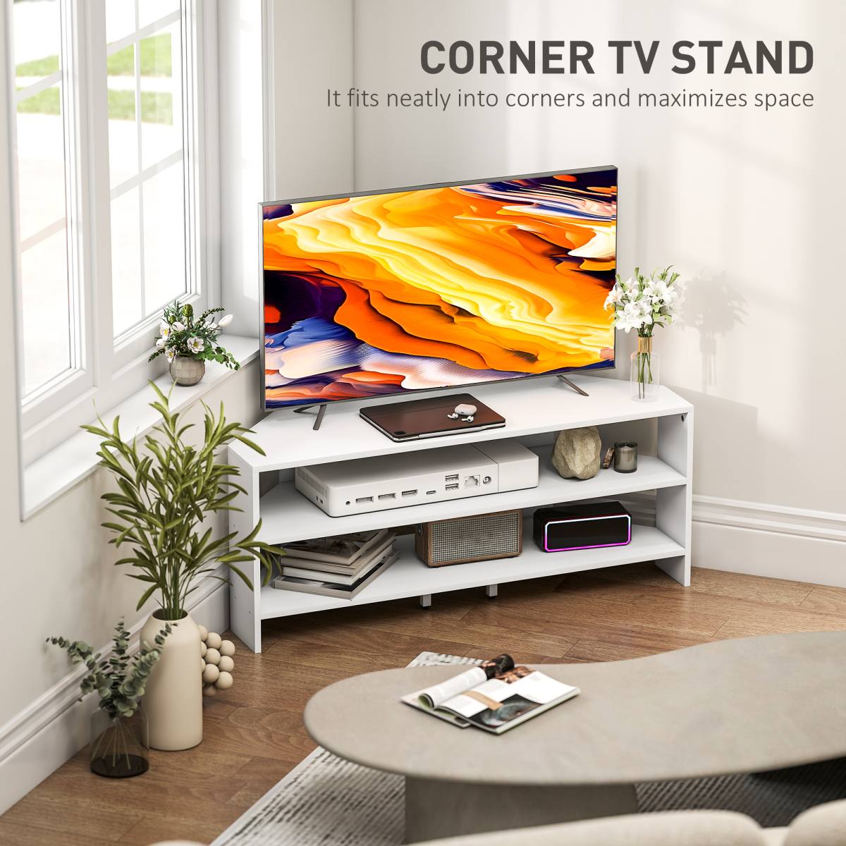 White corner TV stand with open shelves and cabinet space for media devices