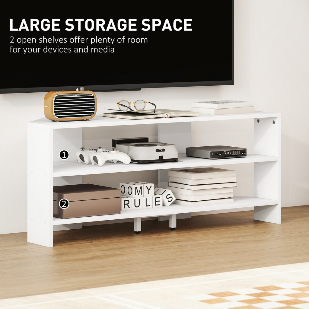 White TV console stand with two open shelves for media devices and accessories
