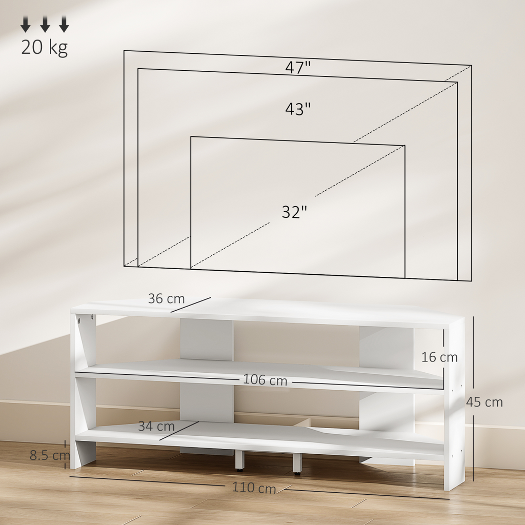 White TV stand with labeled dimensions for corner placement
