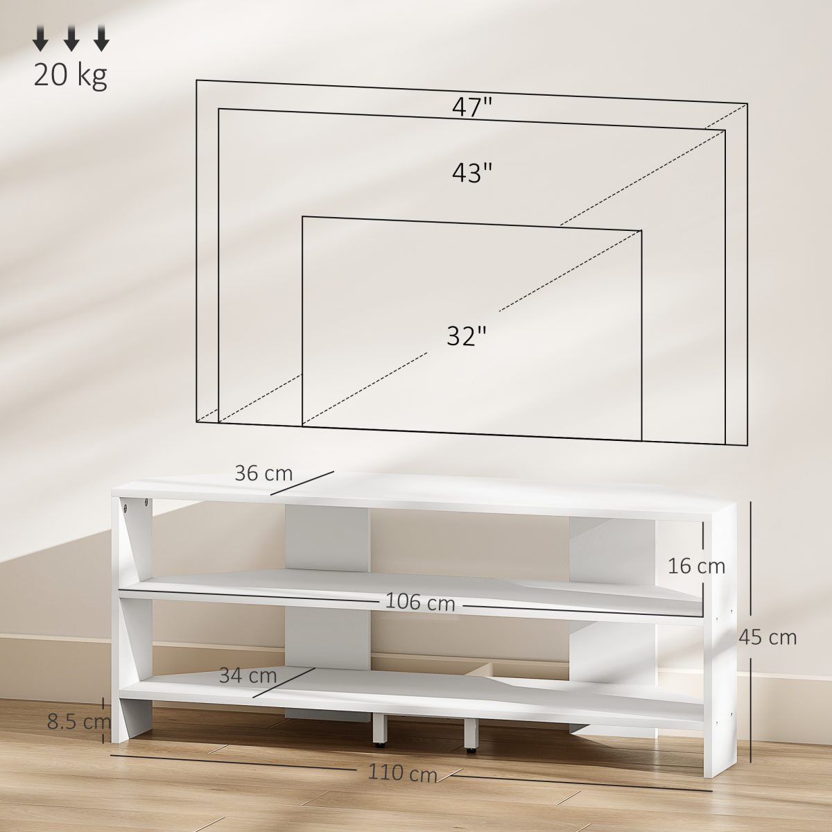 White TV stand with labeled dimensions for corner placement
